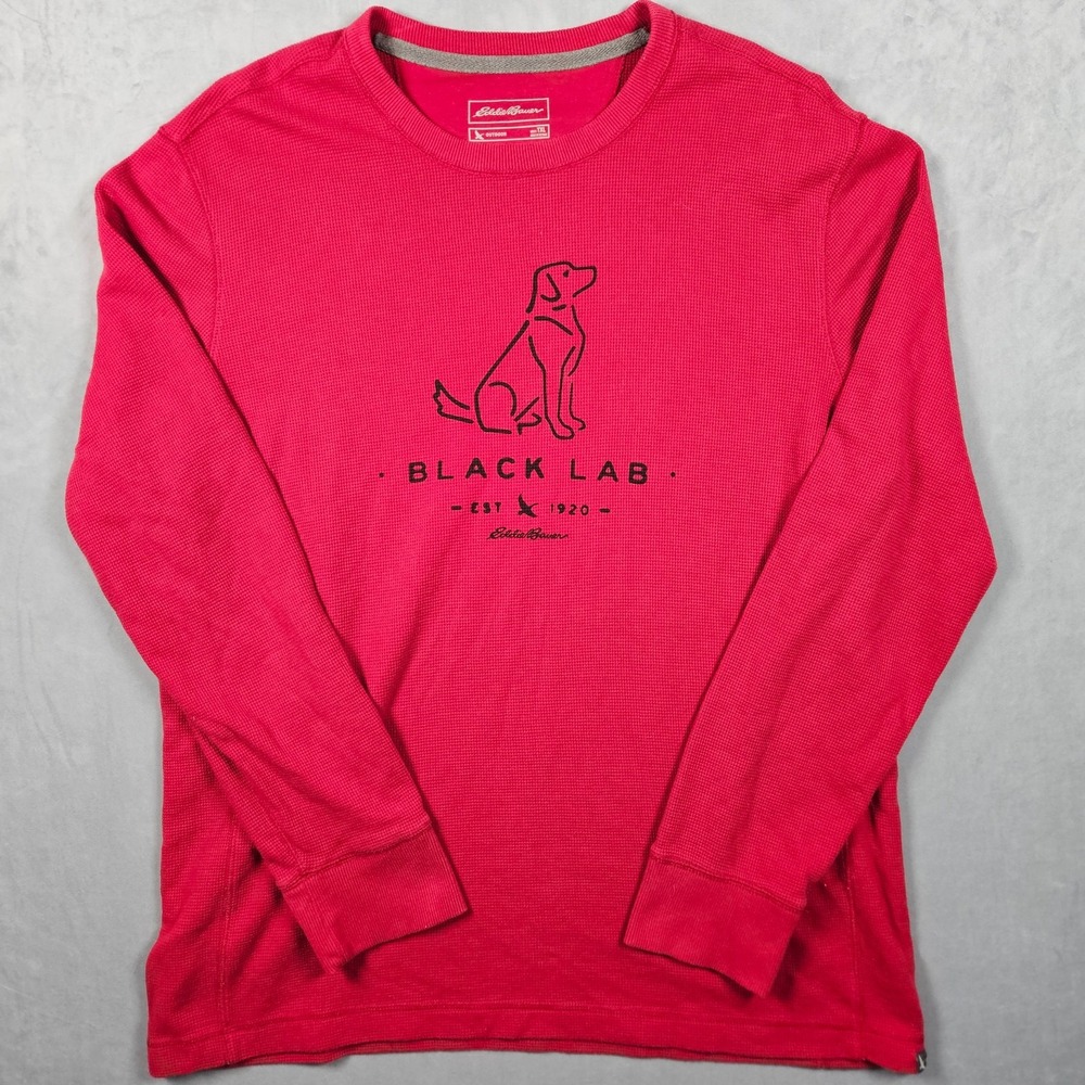 Eddie Bauer Shirt Mens Red Tall‎ XL Waffle Knit Thermal Black Lab Graphic Crew